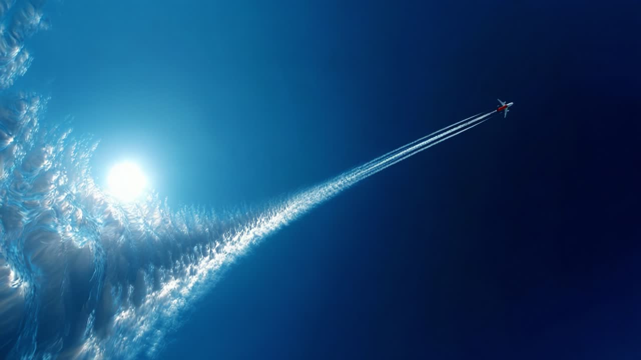 A soaring airplane leaves a majestic contrail in the crystal-clear sky while the radiant sun illuminates the scene, creating a breathtaking view of flight and freedom