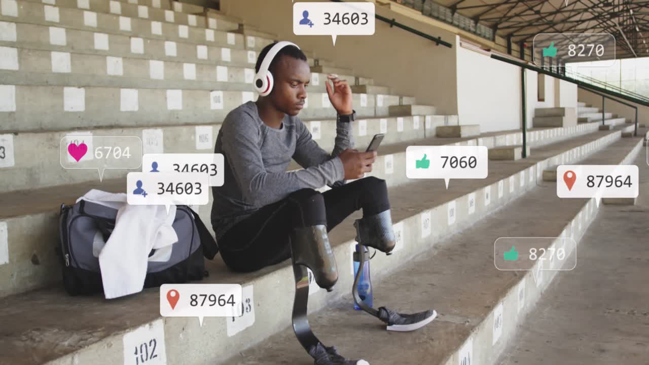 Animation of notification bars,african american athlete listening to music and using smartphone