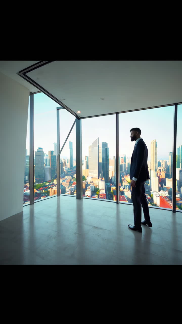 Businessman Overlooking a Modern City Skyline from an Office Window