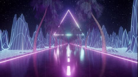 80's abstract retro futuristic background. beautiful animation with ultraviolet neon triangle modern lights. retro wave stylization. flying in space with particles and palm trees