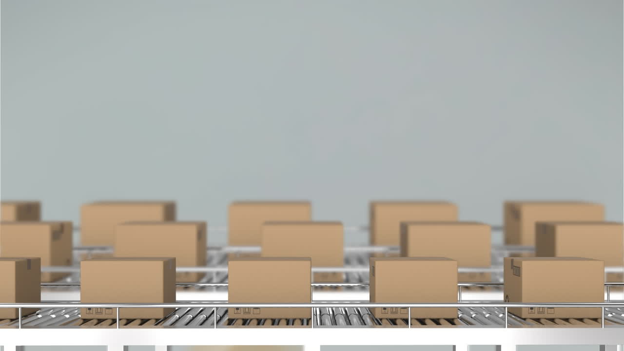 창고에서 컨베이어 벨트에서 움직이는 패키지의 애니메이션