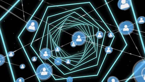 red de iconos de perfil contra el neón verde brillante túnel hexagonal sobre fondo negro