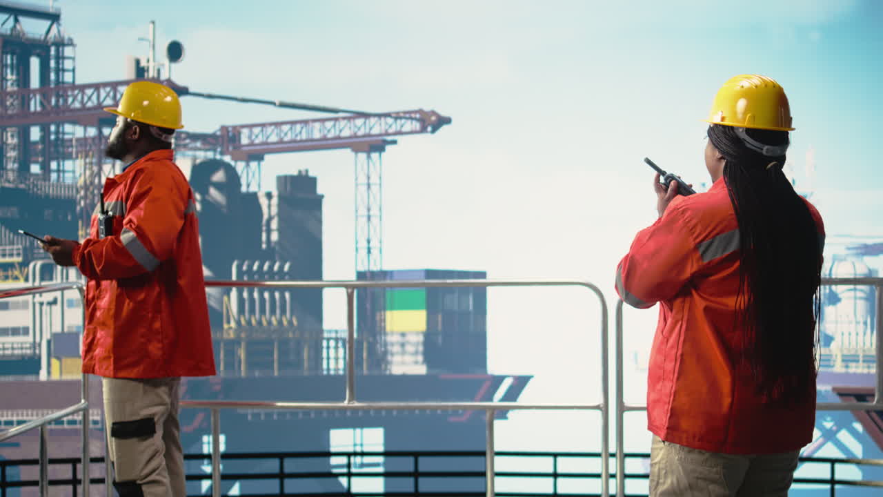 Vertical video Offshore platform specialist using portable radio device to monitor systems