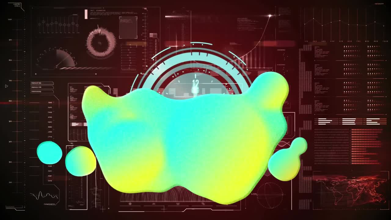 Animation of glowing blob, clock over globe and data processing on screen
