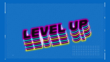 Animation-Von-Neon-Level-Up-Text-Mit-Schatteneffekt-Und-Datenverarbeitung-Vor-Blauem-Hintergrund