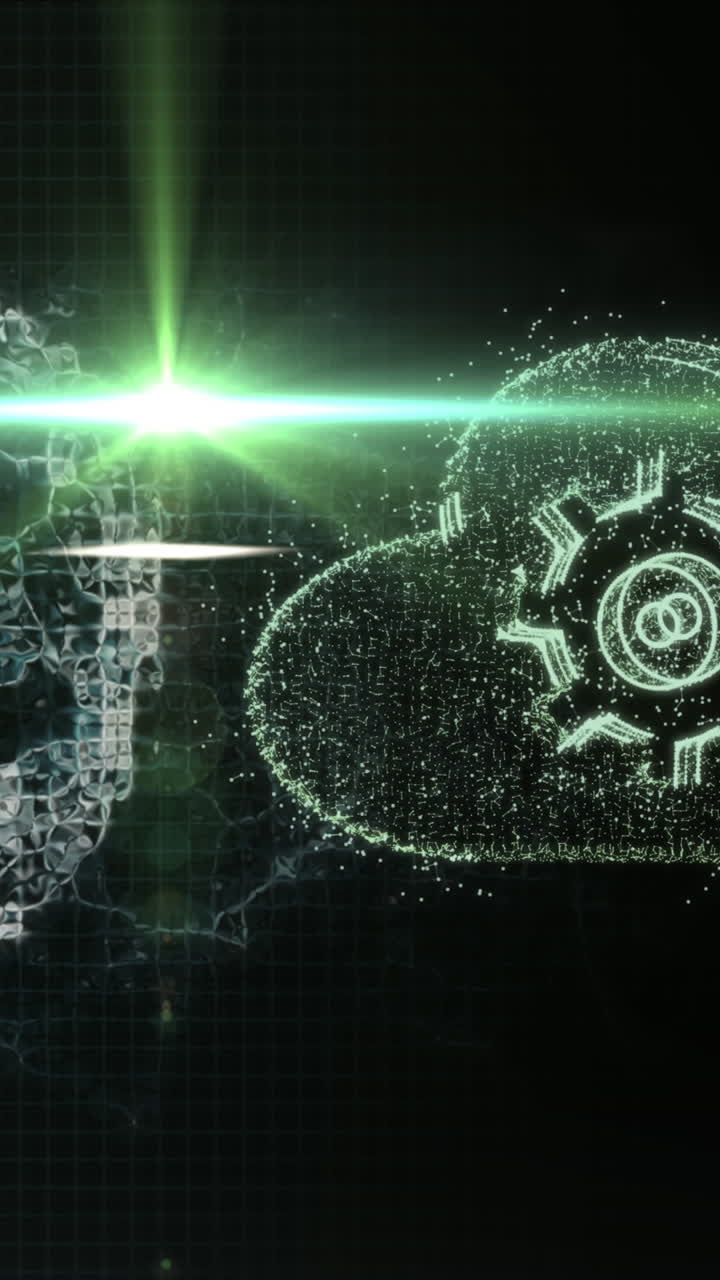 animación del cerebro girando sobre fondo negro con luces y nube con engranajes