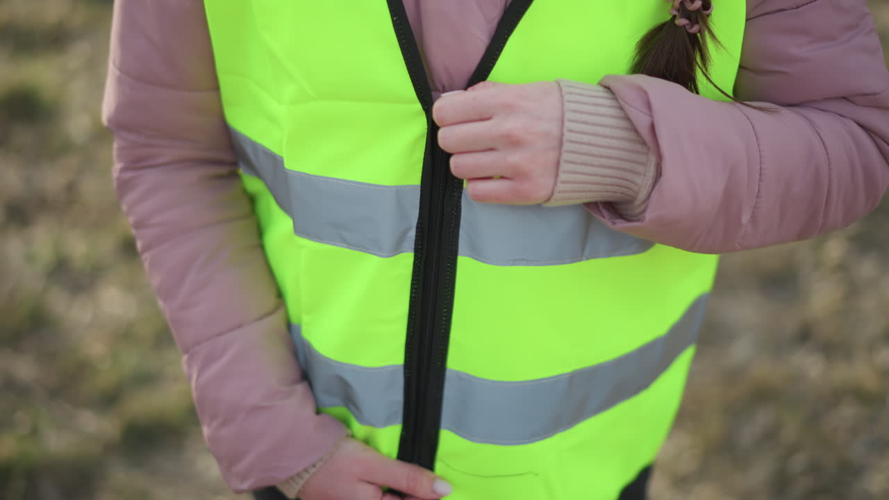Close-up of woman in pink puffy jacket fastening zipper on bright reflective safety vest outdoors during daytime, preparing for work or volunteer duty, hands securing closure, blurred ground background