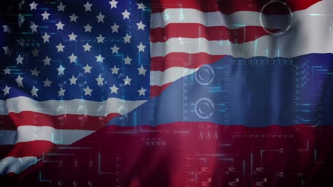 animation of data processing over flag of russia and united states of america