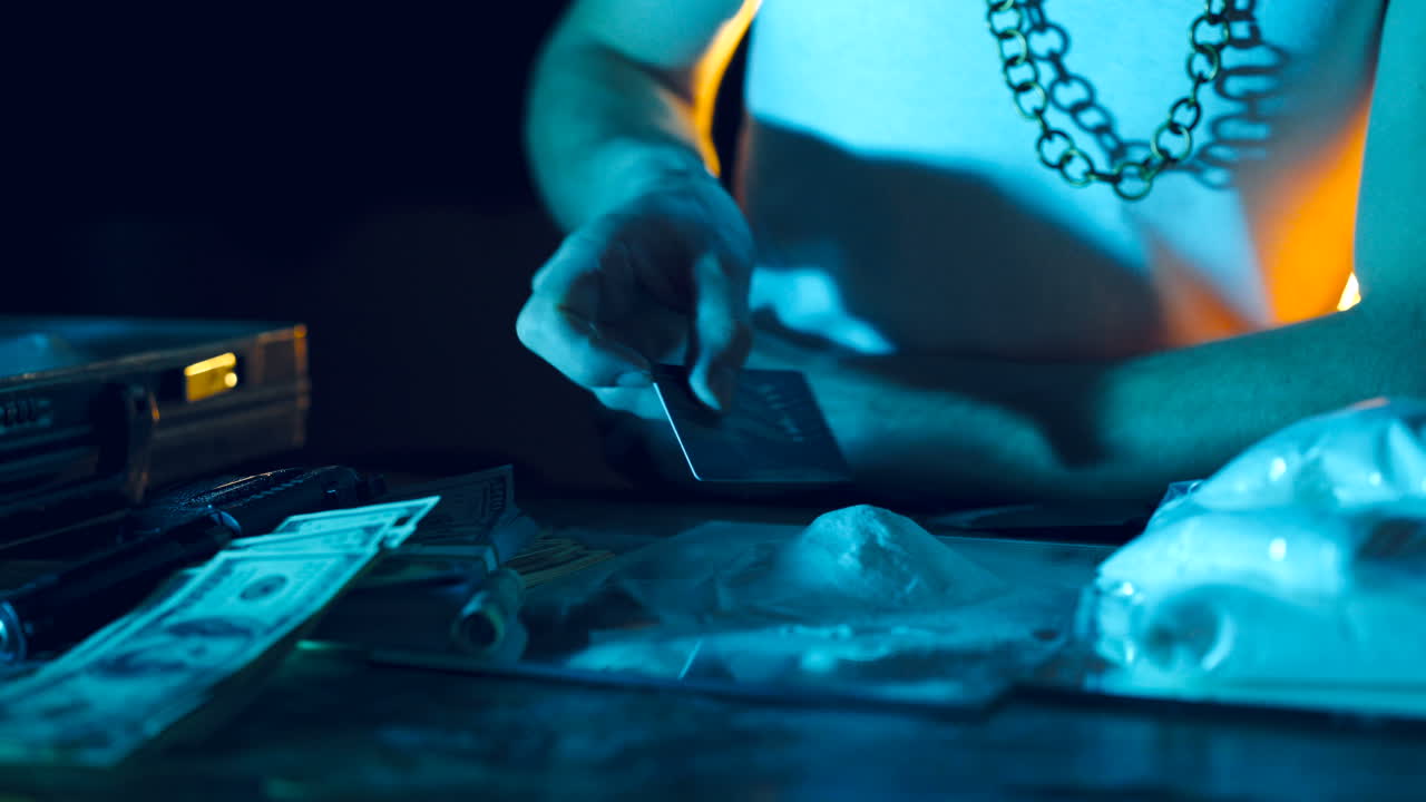 Drug addict preparing cocaine lines. Cocaine powder sorted. Concept of drug abuse. Social problems