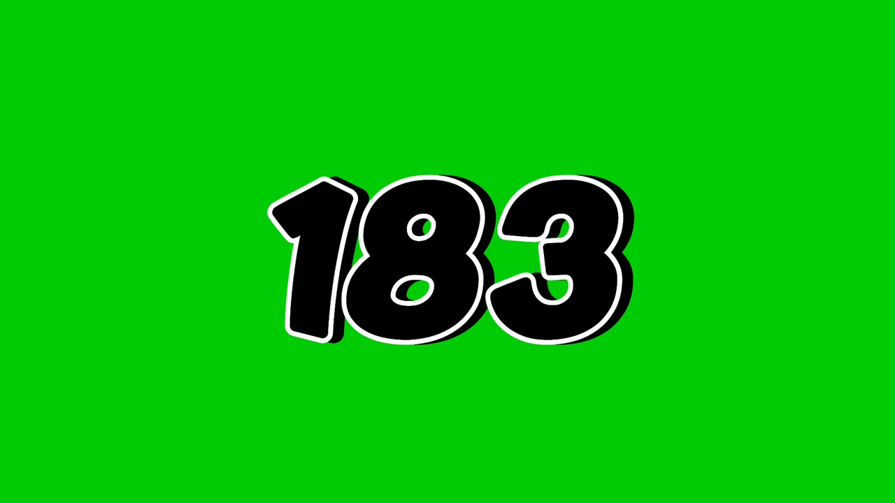 Animazione di rivelazione del numero 183 con effetto fumo su schermo verde, elemento grafico in movimento in stile cartone animato nero.