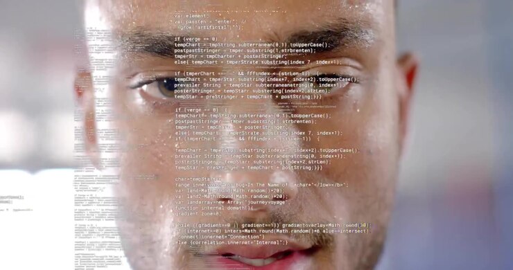 Mannelijke ontwikkelaar focust op een codestroom, met een haperende JavaScript-overlay over zijn gezicht voor het debuggen van HTML.