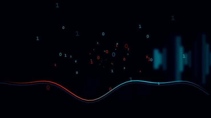 Abstract Digital Data Stream with Floating Binary Code and Waveforms