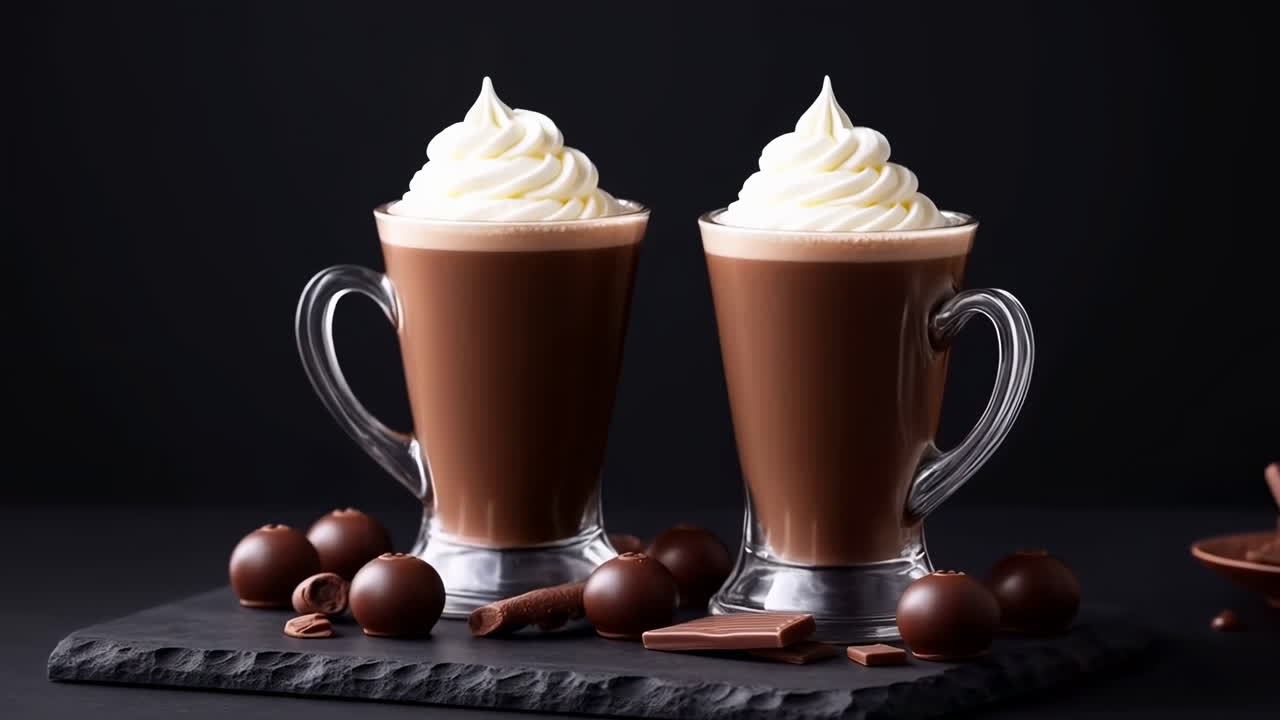 Due tazze di cioccolata calda con panna montata e cioccolatini