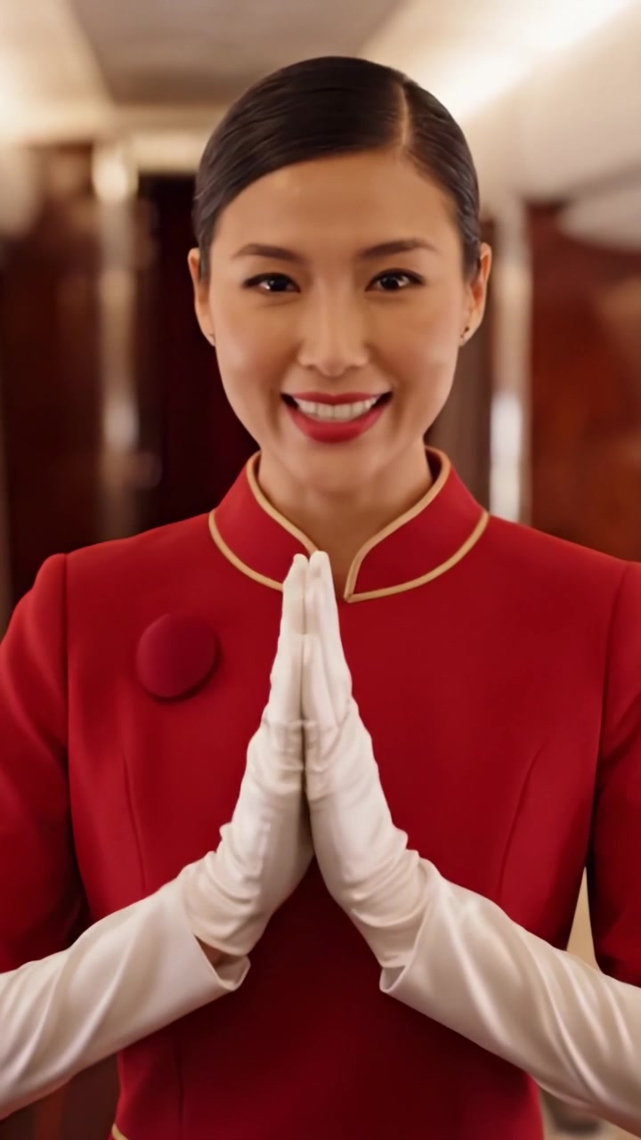 Nữ tiếp viên hàng không duyên dáng trong bộ đồng phục đỏ thanh lịch thể hiện sự chuyên nghiệp và ấm áp trong không gian hãng hàng không sang trọng, khắc họa tinh hoa của lòng hiếu khách du lịch