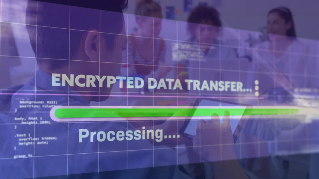 Man tapping tablet starting secure data transfer overlay as tech team watching progress bar filling