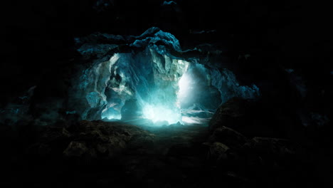 blue ice cave covered with snow and flooded with light