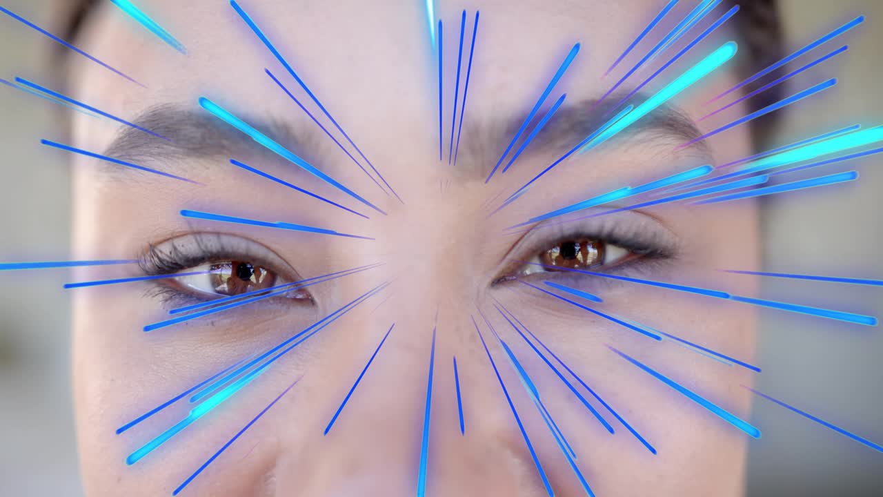 Woman opening eyes in close-up, animated neon rays pulsing and shifting with gaze for AR beauty