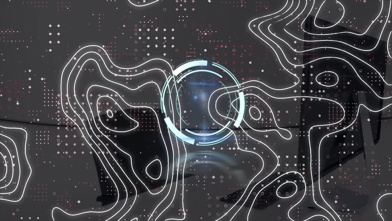 Animation of scope scanning and shapes moving over office