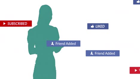 composición de texto de redes sociales, iconos y datos sobre la silueta de la mujer utilizando un teléfono inteligente