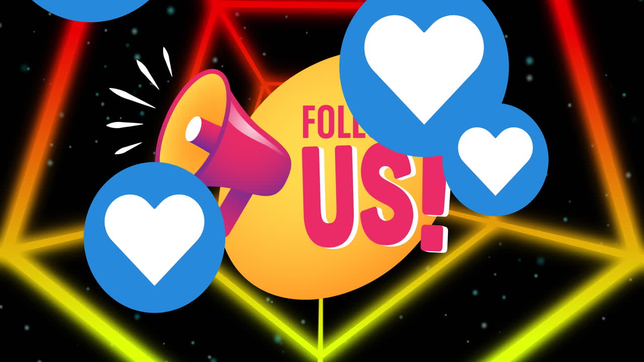 검은색 배경에 움직이는 모양 위에 우리를 따르는 텍스트의 애니메이션