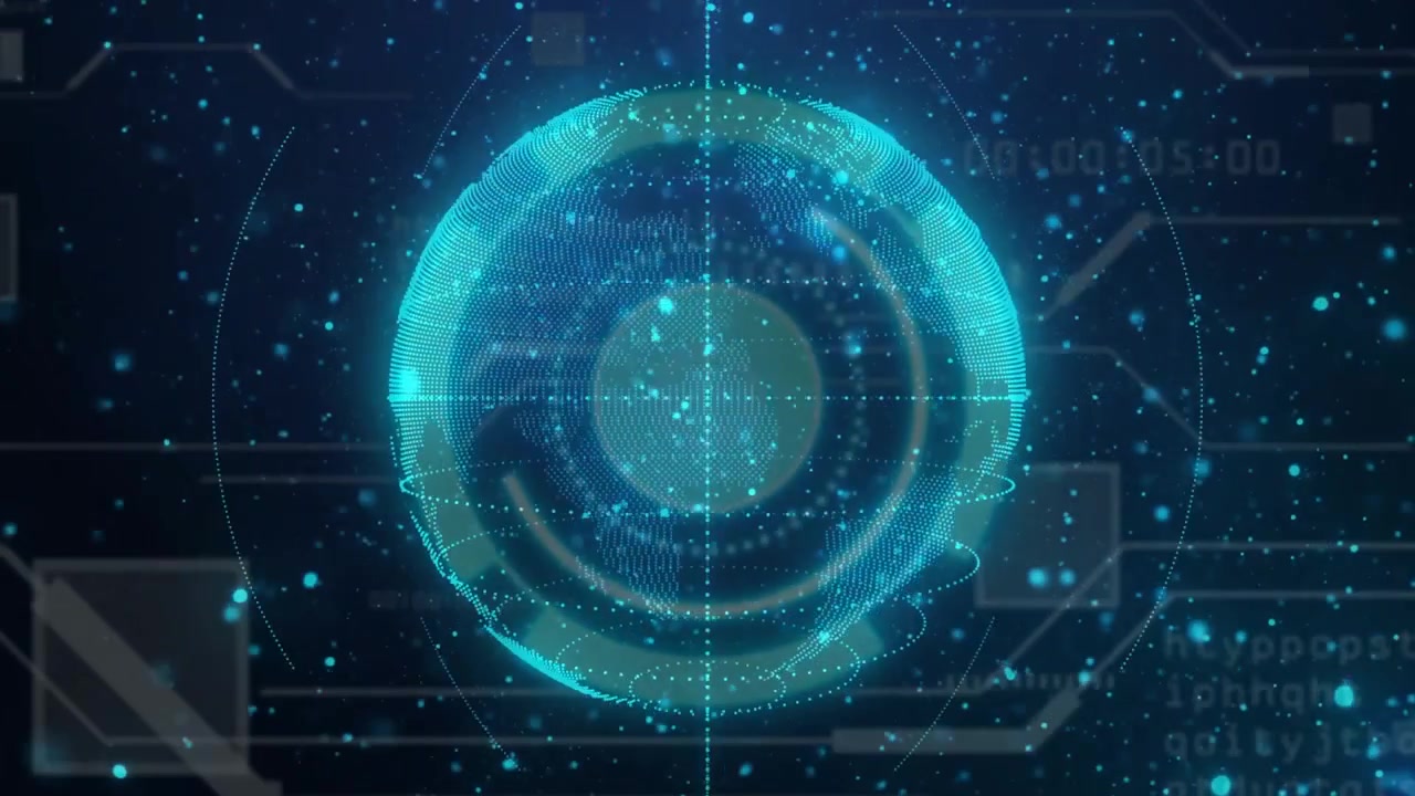 Particle rings coalescing at center forming rotating data sphere with orbiting points for display