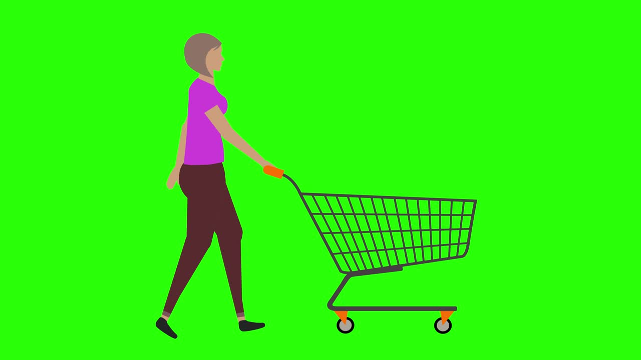 mujeres caminando en bicicleta bucle sin costuras, tirando del carrito de compras, pantalla verde animación de clave croma, diseño plano