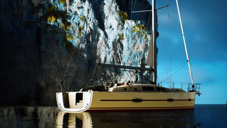 white yacht anchored in a bay with rocky cliffs