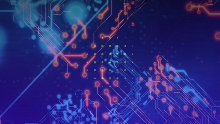 Animazione di scheda elettronica e nodi luminosi su sfondo blu con motivi digitali.