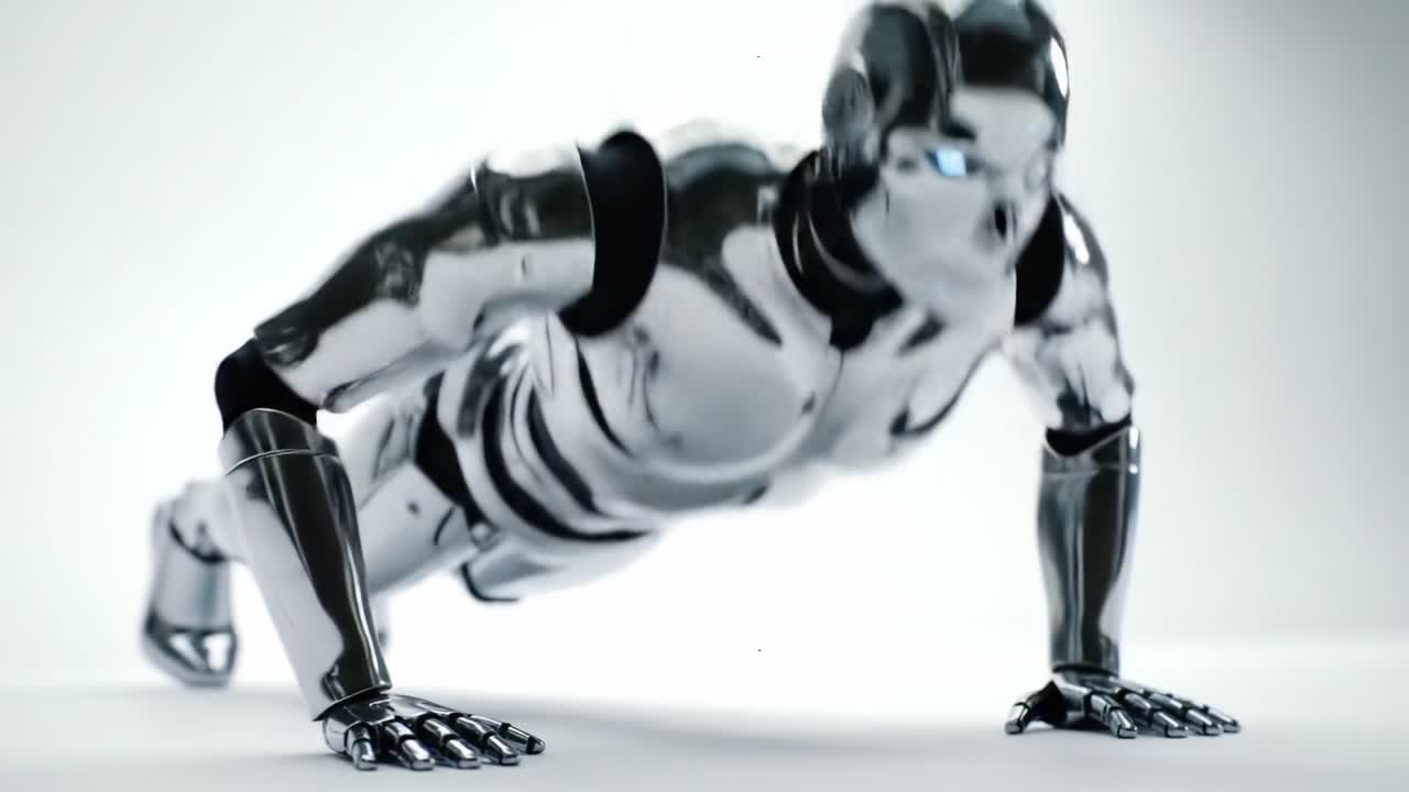 A humanoid robot performs push-ups with impressive precision and speed, illustrating advancements in robotic technology and physical capabilities. This demonstration highlights engineering innovation.