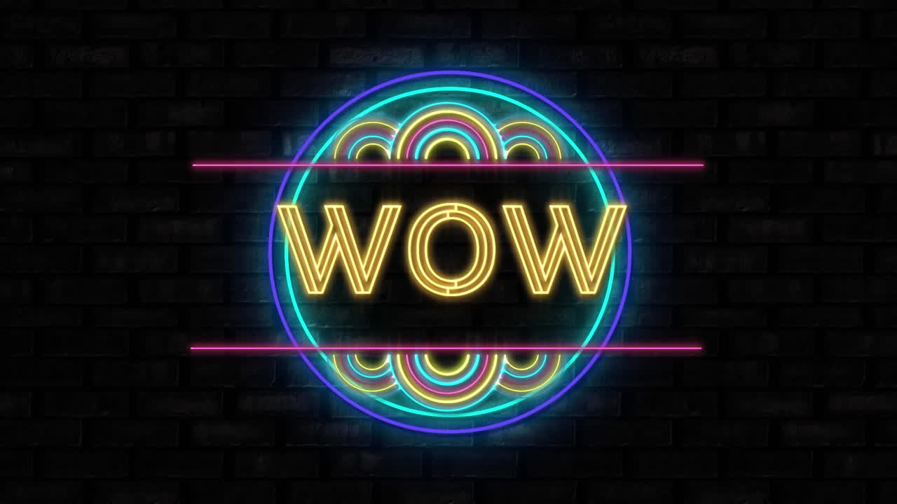 animación digital de neón wow texto contra fondo negro