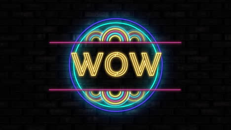 digital animation of neon wow text against black background