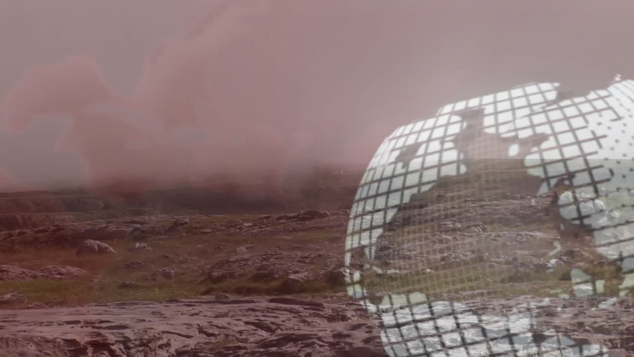 HUD grid overlay highlighting rocky desert plain under pink haze in 3D render style