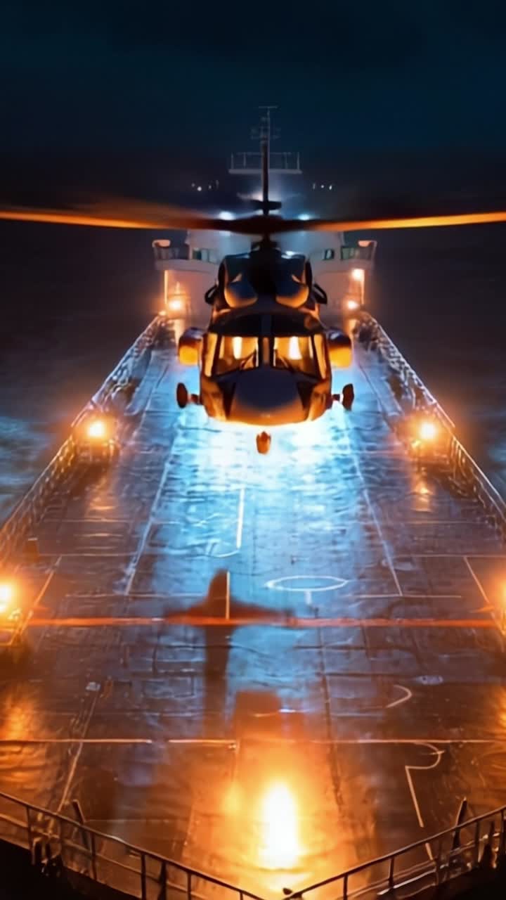 Vista aerea drammatica di un elicottero sul ponte di una nave di notte, illuminato da luci intense, che cattura la tensione e l'attività nelle operazioni marittime.