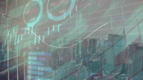 animation of statistical and stock market data processing against aerial view of cityscape