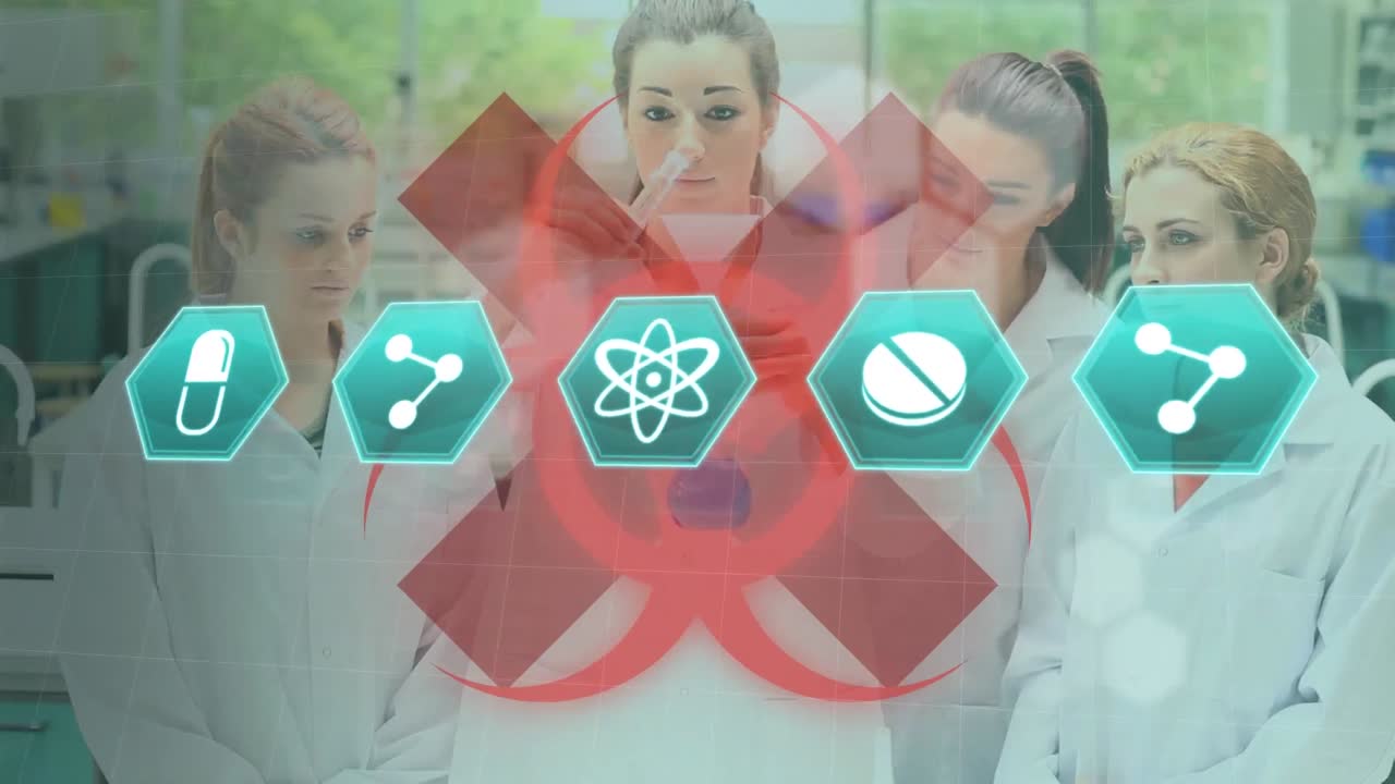 코로나19 코로나바이러스의 배경에서 과학자들 위에 건강 위험 표지판과 녹색 의료 아이콘이 있습니다.