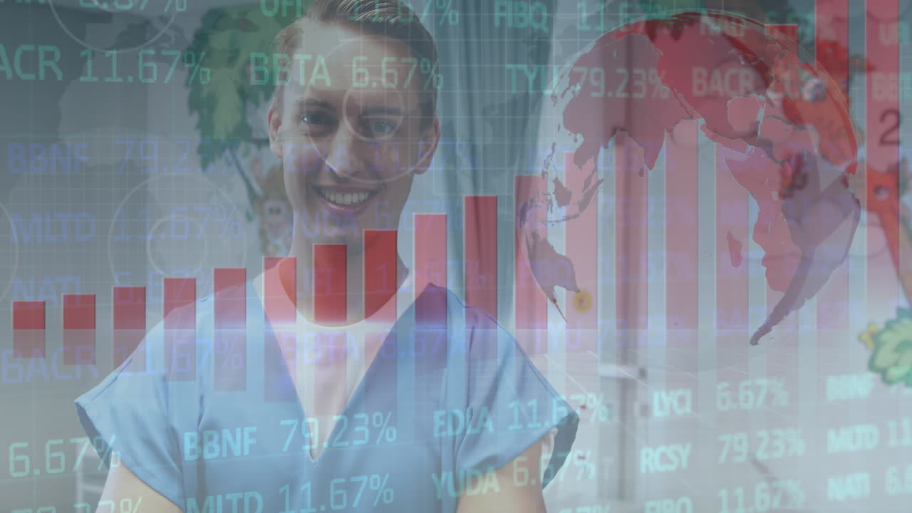 animación del globo, estadísticas y procesamiento de datos sobre el médico masculino