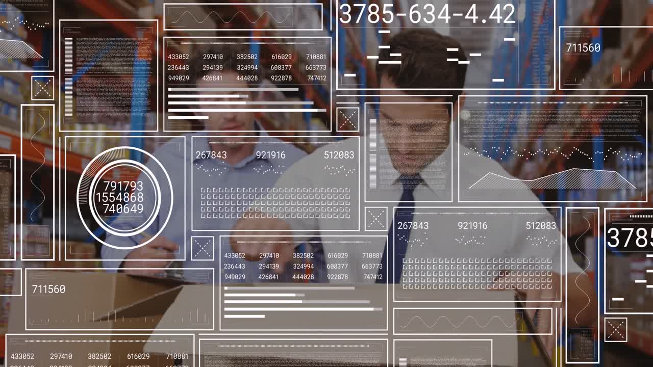 Animation of data processing over two caucasian male supervisor opening box at warehouse