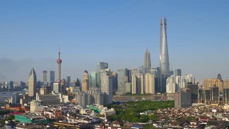 sunny day shanghai cityscape downtown bay rooftop panorama 4k china