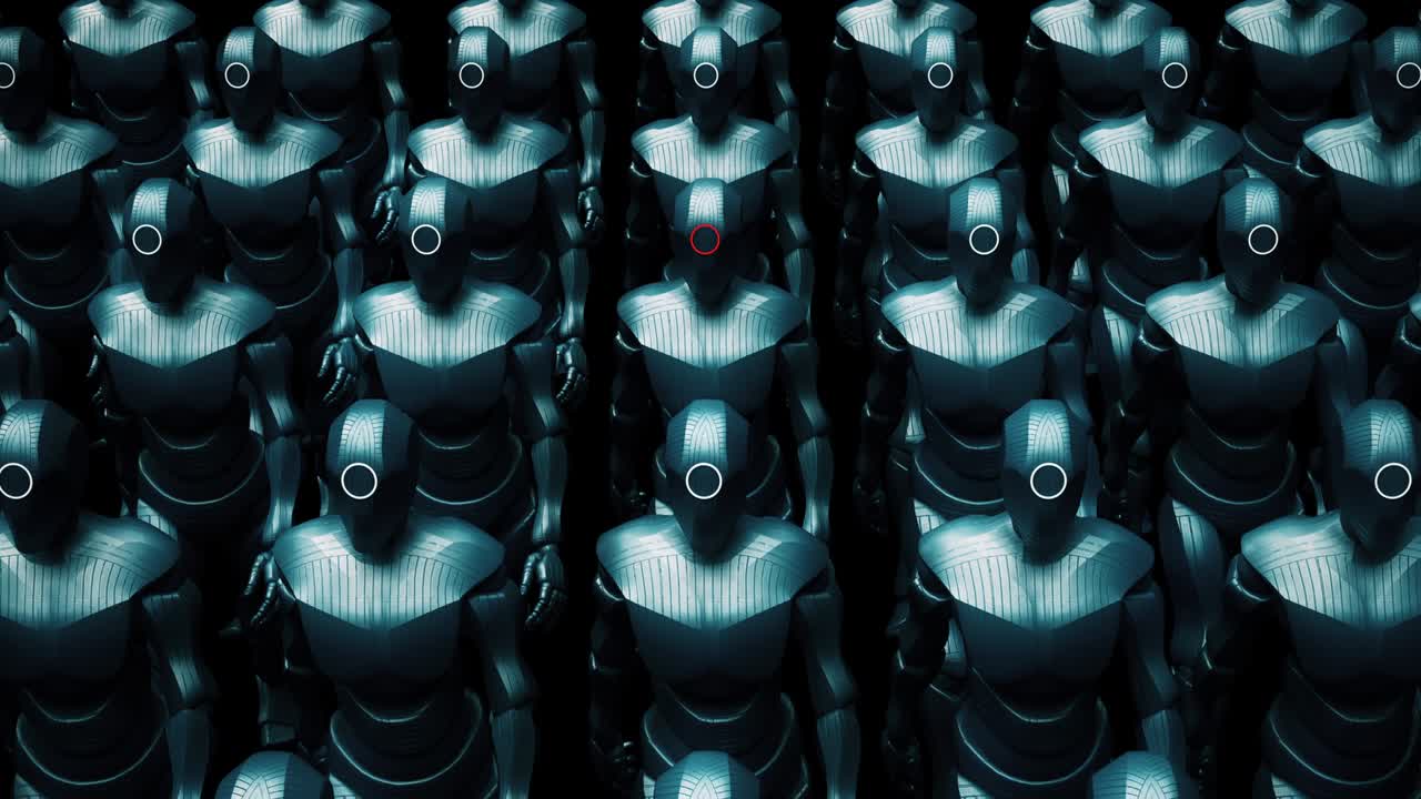 el ejército de robots de ai biónica se prepara para la guerra. el líder está en el centro.