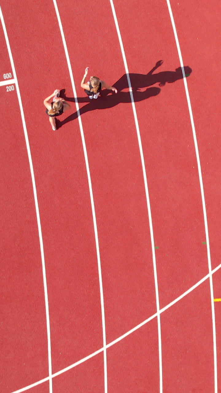 Ripresa aerea verticale di due donne che fanno jogging su una pista di atletica rossa in uno stadio. Perfetto per contenuti su fitness, competizioni sportive e stile di vita sano