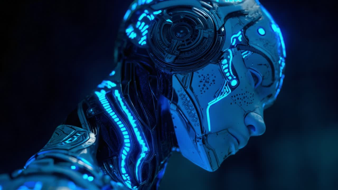 Profile view of a futuristic female android coming to life, with intricate glowing blue circuits and cybernetic components activating on its head and neck against a dark science fiction background
