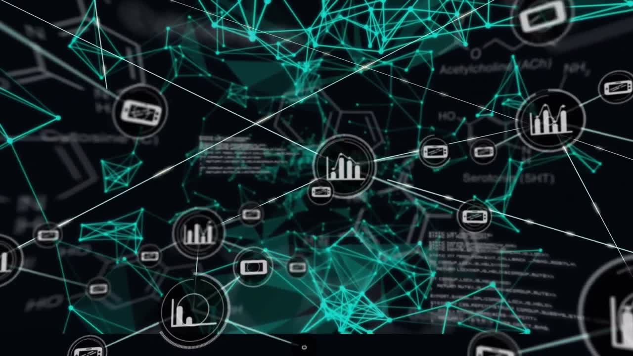 Animation of connected dots over computer language and geometric shapes on black background