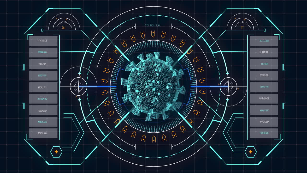 Animation of macro coronavirus Covid-19 cell analyzed on a screen with medical information