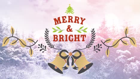 Animation-of-merry-and-bright-text-at-christmas-over-fir-trees