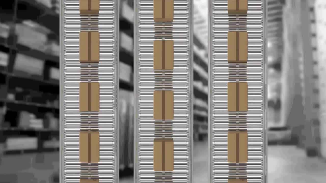 창고 위에서 컨베이어 벨트에 움직이는 카드보드 상자의 애니메이션