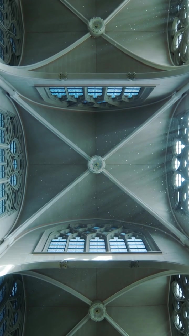 Vertical video: Tilting camera recentering ribbed vault at church nave, revealing windows and dust