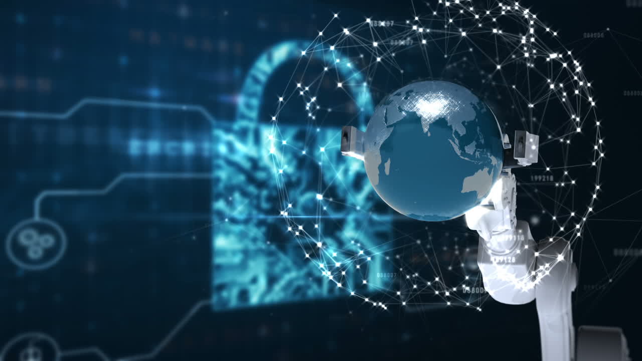 mano robótica que presenta el globo contra el fondo de código binario