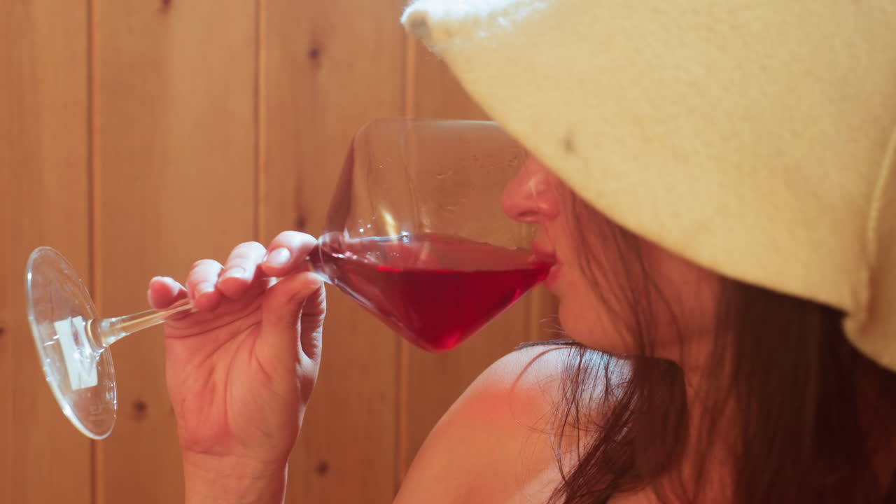 intimate spa cabin scene showing elegant woman in felt spa hat raising tattooed hand holding wine glass to toast while gently sipping wine in warm wooden sauna ambiance with soft serene misty light
