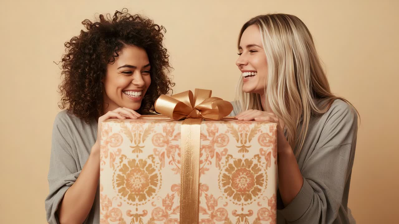 Amici sorridenti che indossano top grigio chiaro, ridono e festeggiano dietro un regalo con fiocco dorato, filmando in studio