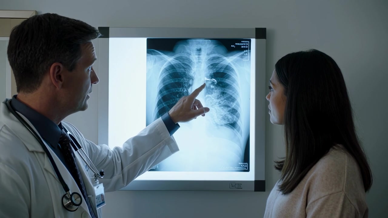 Vedendo un'opacità, un medico in camice traccia su una radiografia illuminata in clinica, spiegando i risultati al paziente.
